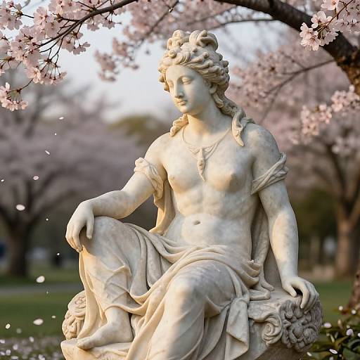 Serene Marble Deity in Cherry Blossoms