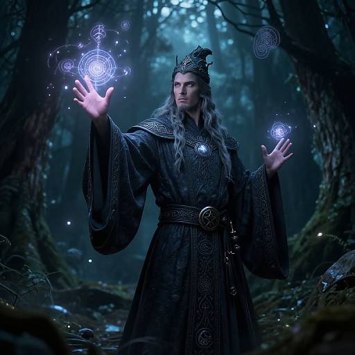 Photorealistic digital artwork of a mystical, long-haired man in dark, ornate robes, holding glowing blue magical orbs in a foggy, enchanted