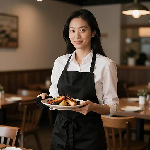 Female Asian Waitress Serving Roasted Vegetables