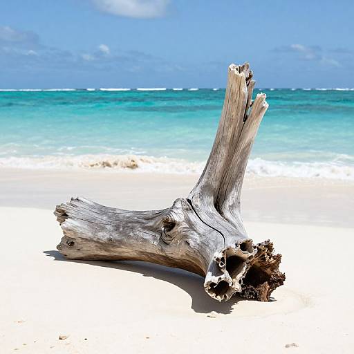 Photograph of a weathered driftwood log on a pristine white sandy beach, with turquoise ocean waves and a clear blue sky in the background.