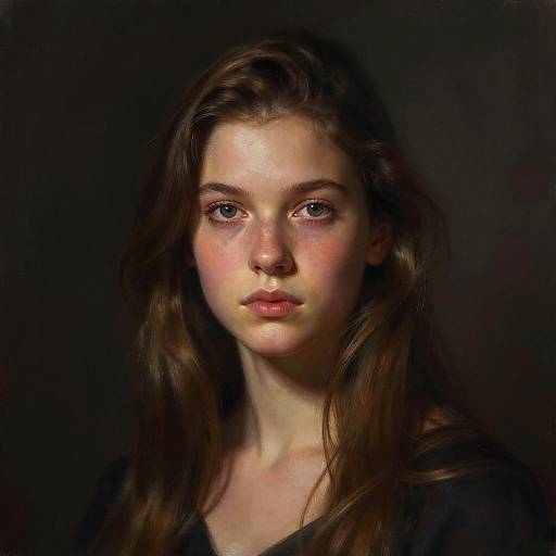 Digital painting of a young woman with fair skin, long brown hair, green eyes, and a neutral expression, set against a dark background. Realistic