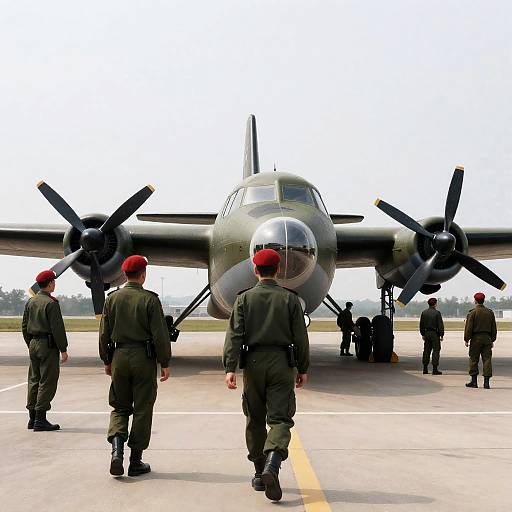 Military Aircraft with Soldiers Under Overcast Sky