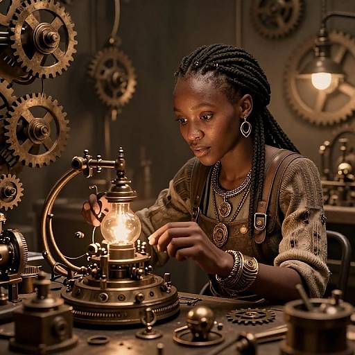 Photograph of a dark-skinned woman with braided hair, wearing vintage clothing, fixing an antique brass lamp amidst steampunk gears and machinery,