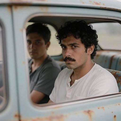 Two Men Sitting in Rusted Vintage Car