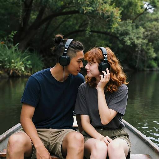 Teenage Couple Sharing Headphones on Rowboat