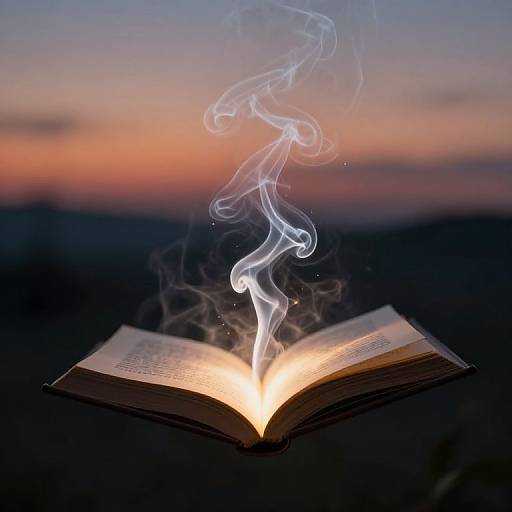 Photograph of an open book glowing with white smoke rising, set against a twilight sky with purple, orange, and blue hues.