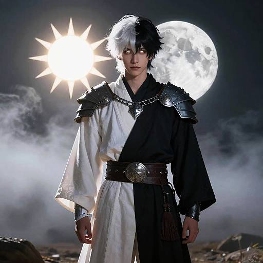 Fantasy Warrior with Two-Tone Hair Under Sun and Moon
