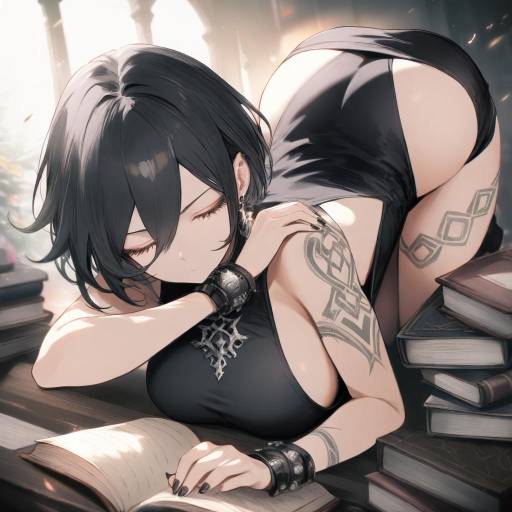 Anime woman sleeping on books