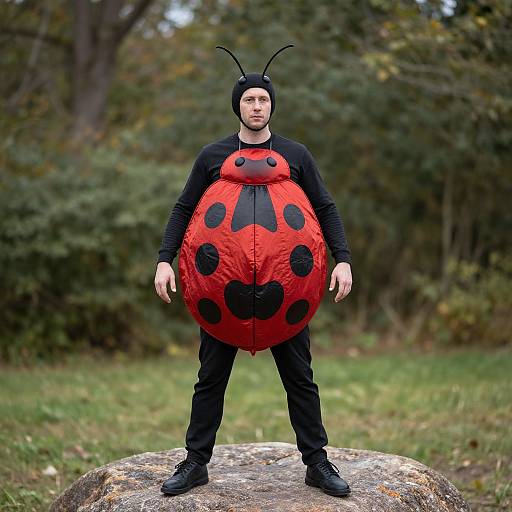 Photograph of a man in a black bug costume with a large, red, spotted, egg-shaped belly, standing on a rock in a forest.