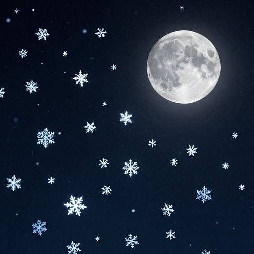 Digital artwork of a bright full moon in a dark blue night sky, surrounded by variously sized white snowflakes, creating a winter wonderland effect