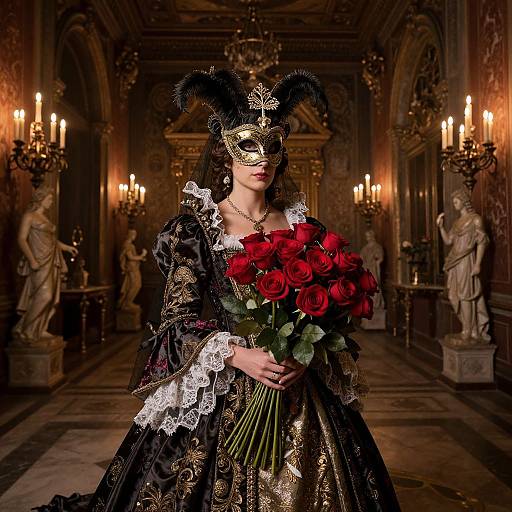 Photograph of a woman in elaborate black Renaissance-style gown with lace, feathered mask, holding red roses, in dimly lit, ornate hall
