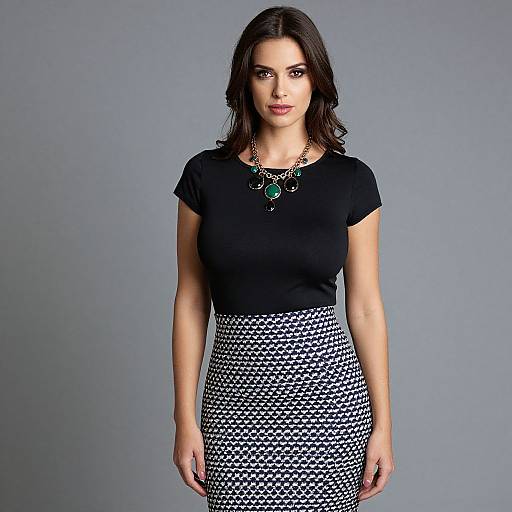 Photograph of a brunette woman with wavy hair, wearing a black short-sleeve top, black and white houndstooth skirt, and