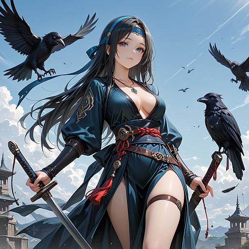Anime Style Samurai Woman with Crows