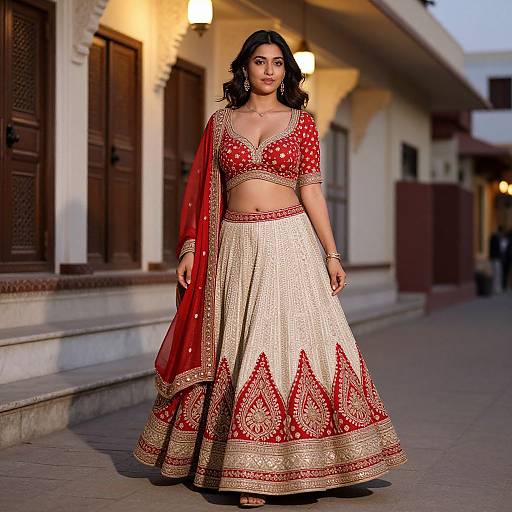 Photograph of a confident Indian woman in a red and gold traditional lehenga with polka dots, standing on a colonial-style street at dusk.