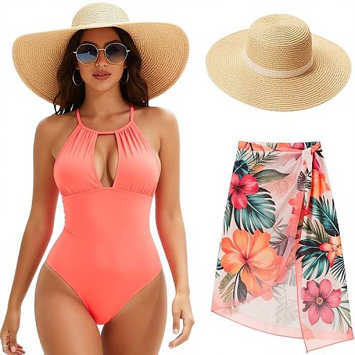 Photograph of a tan-skinned woman in a neon pink halter swimsuit, straw hat, and floral top, with sunglasses and a floral top