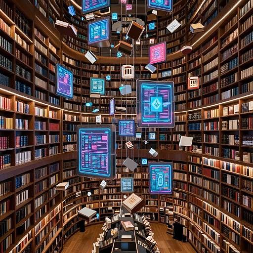 Photograph of a futuristic library with floating, neon-lit digital screens above shelves of books, illuminated by warm, ambient lighting.