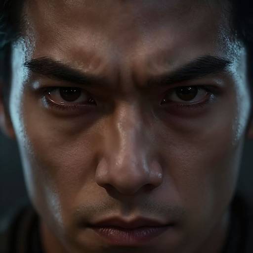 Close-up photograph of a serious, intense-looking South Asian man with dark skin, furrowed brows, and piercing eyes, illuminated by a blue light