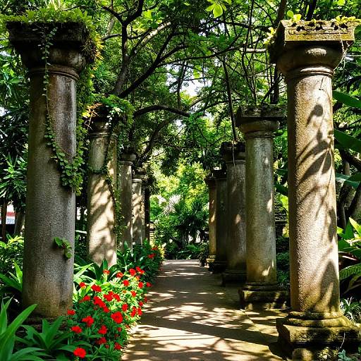 Photograph of a sunlit, lush garden path with ivy-covered stone columns, vibrant red flowers on the left, and dappled greenery