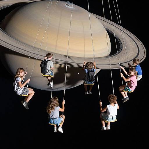 Photograph of six children hanging by strings, suspended above a large, detailed model of Saturn's rings in dark space.