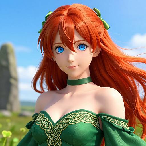 Digital CGI of a red-haired, blue-eyed anime girl with green choker and off-shoulder green dress, set against a bright blue sky and