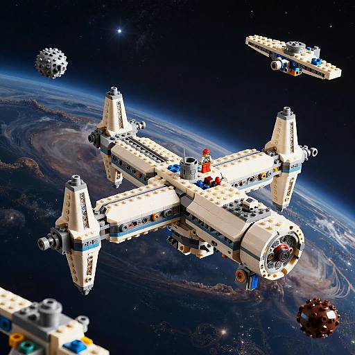 Digital artwork of LEGO-style space battle: white, detailed spaceship with blue accents, pilot, surrounded by asteroids, planet below, three smaller ships.