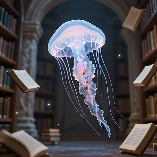 Glowing Jellyfish in Ancient Library