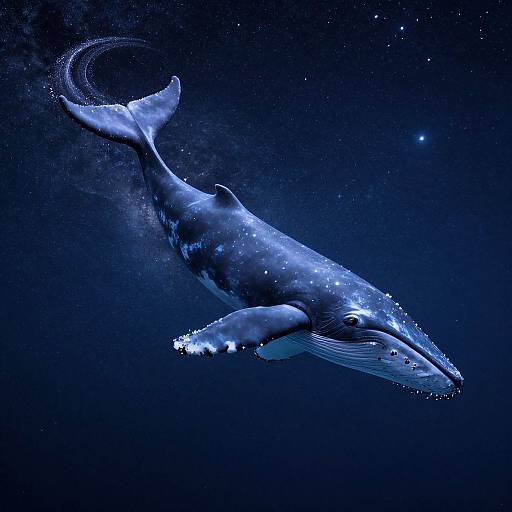 Digital artwork of a blue whale swimming in a deep, starry ocean, illuminated by bioluminescent sparks, with a majestic, curved tail.