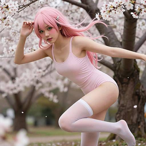 Digital anime-style image of a pink-haired girl in a pink tank top and white thigh-high stockings, leaping among cherry blossoms.