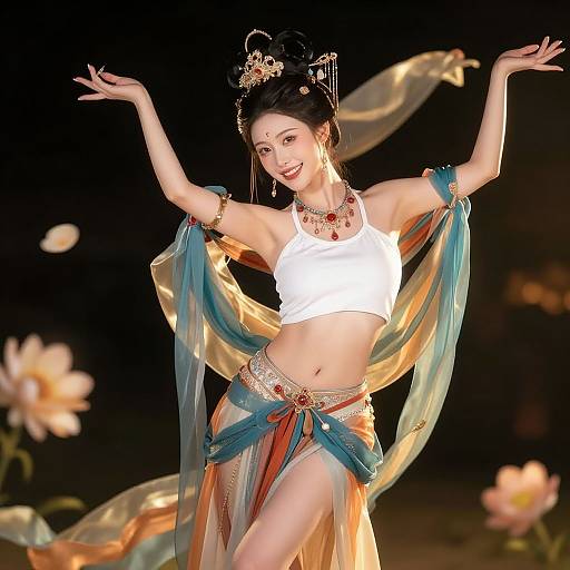 Digital art: Asian dancer in white crop top, blue and orange sheer skirt, adorned with jewelry, arms raised, surrounded by glowing flowers.