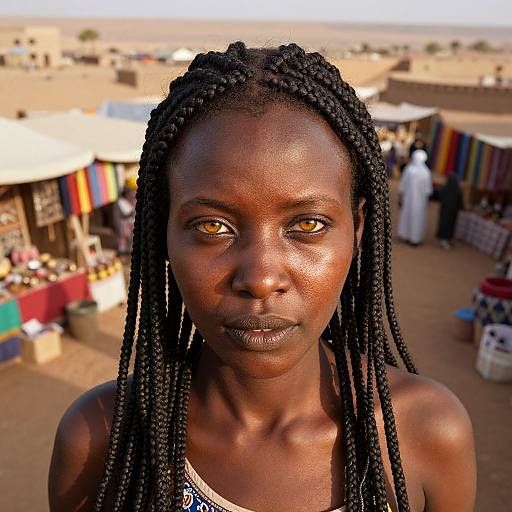 Photograph of a dark-skinned African woman with long braids, golden eyes, and a serious expression, standing in a sunlit, bustling desert