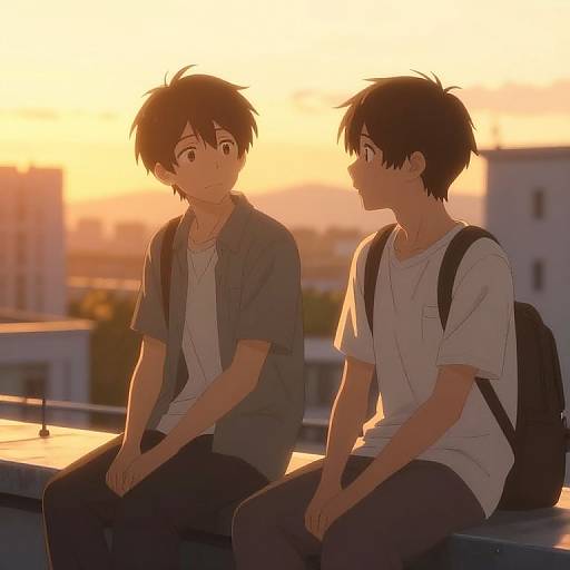 Anime-style digital drawing of two young men with short black hair, sitting on a rooftop at sunset. Both wear casual clothes, backpacks, and look