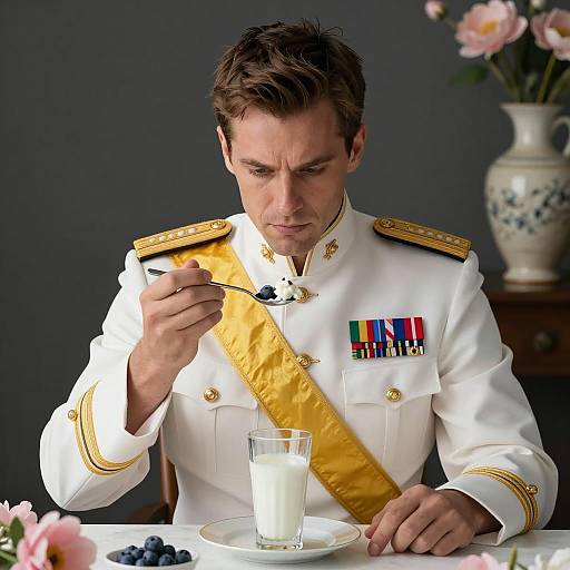 Military Man Enjoying Dessert with Flair
