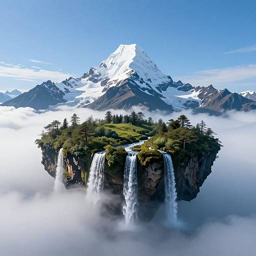 Photorealistic digital art: Floating island with twin waterfalls, lush greenery, and pine trees, set against a snow-capped mountain and cloudy