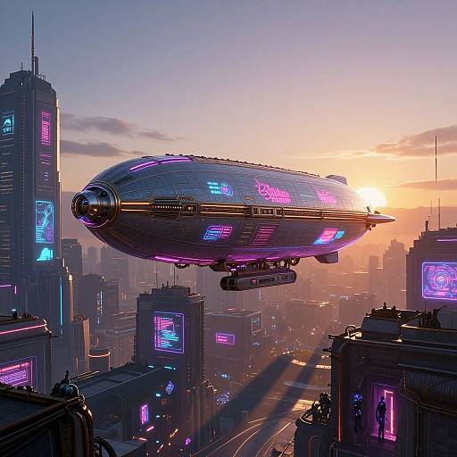 Digital artwork of a neon-lit, futuristic zeppelin flying over a cyberpunk city at sunset, with glowing skyscrapers and illuminated advertisements.