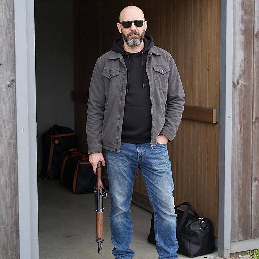 Bald Man with Rifle in Doorway