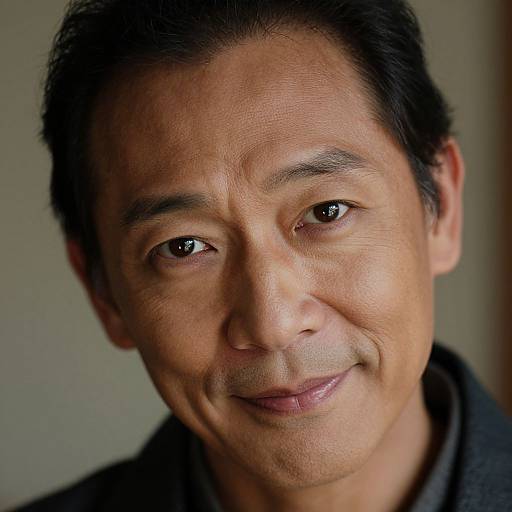 Close-up photograph of a middle-aged Asian man with short black hair, smooth skin, brown eyes, and a subtle smile, wearing a dark shirt against