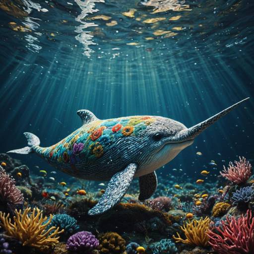 Intricate Narwhal Muppet with Floral Patterns Underwater Intricate Narwhal Muppet with Floral Patterns Underwater