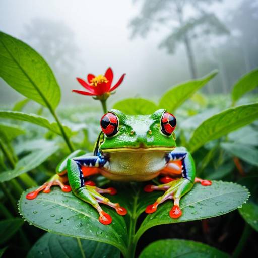 Glowing Frog with Red Flower in Mist