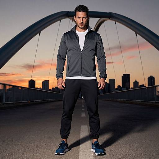 Photograph of muscular, bearded man with short dark hair, wearing black jacket, white shirt, black pants, and blue sneakers, standing on a