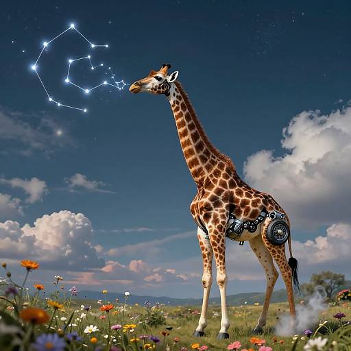Photorealistic CGI of a giraffe with star-patterned saddle standing in a vibrant, flower-filled savanna under a night sky with a constellation.