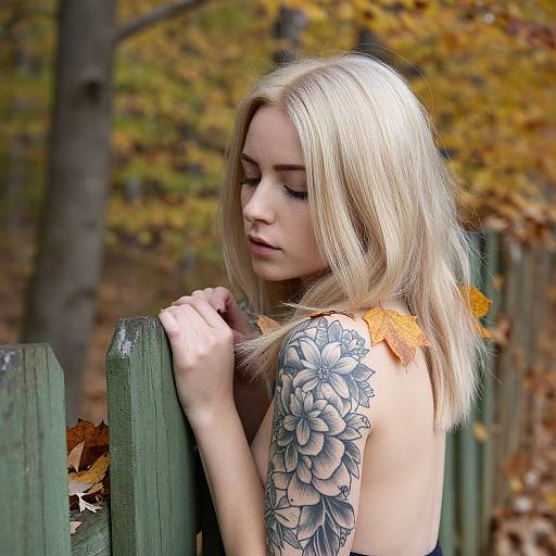 Blonde Woman by Autumn Fence