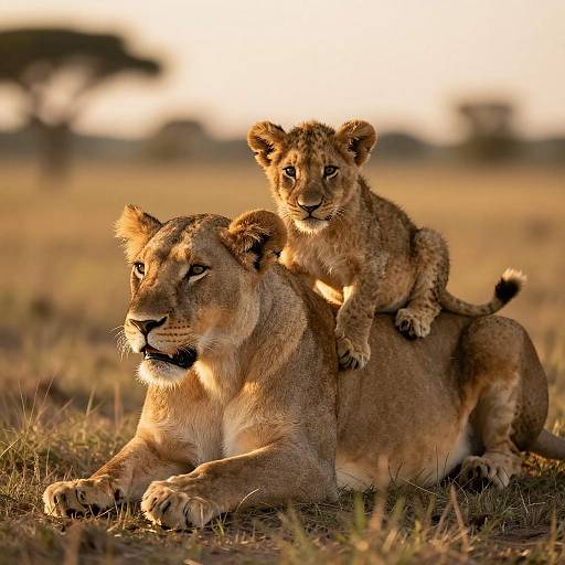 Serene Lioness and Playful Cub at Sunset