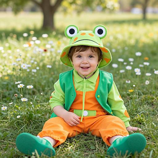 Joyful Child in Frog-Themed Outfit
