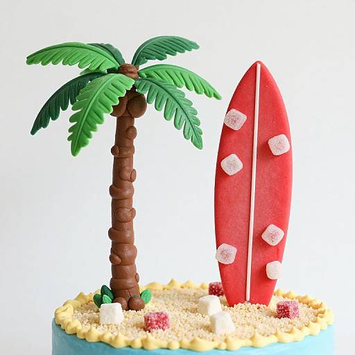 Photograph of a detailed cake featuring a brown palm tree with green leaves, a red surfboard with white decorations, and a sandy base with small colorful