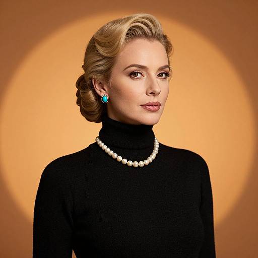 Photograph of a blonde woman with vintage-style hair, wearing a black turtleneck, white pearl necklace, and turquoise earrings, against an orange circular