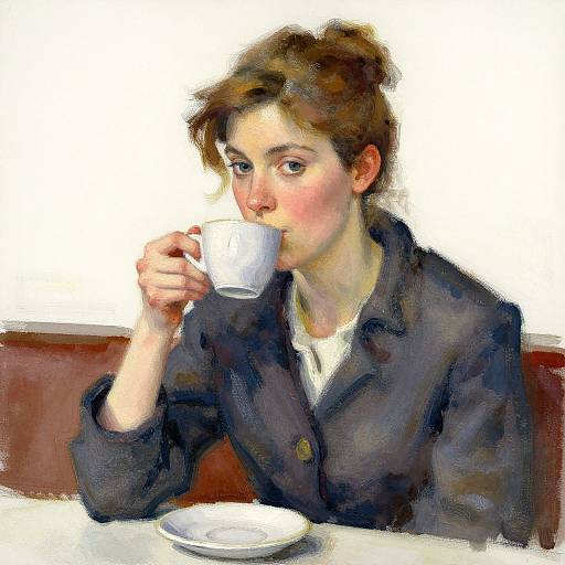 Digital painting of a young woman with brown hair in a bun, sipping from a white cup, wearing a dark jacket, seated at a table with