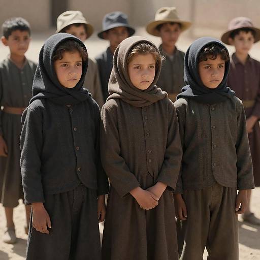 Sunlit Children in Vintage Dark Clothing