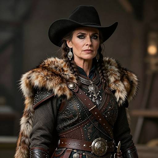 Photograph of a confident woman in a black cowboy hat, fur-trimmed leather armor, adorned with silver jewelry, standing in a dimly lit