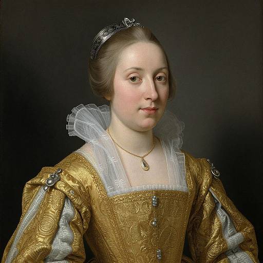Baroque-style portrait of a fair-skinned young woman with brown hair, wearing a golden, embroidered dress with puffed sleeves, white ruffled collar