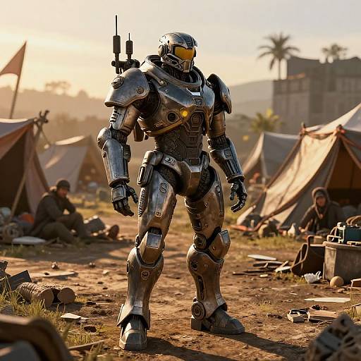 Photorealistic CGI of a futuristic, silver armored soldier standing in a sunlit, war-torn camp with tents and scattered gear.